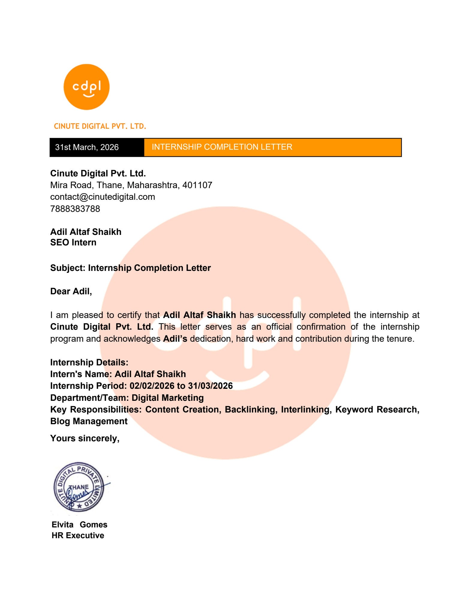SEO Internship Certificate